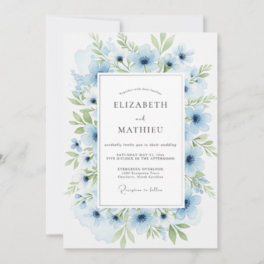 Powder Blue Serene Botanical Wedding Einladung (Vorderseite)