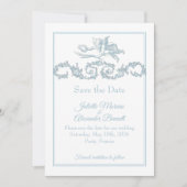 Powder Blue Toile de Jouy Cherub Save the Date Car (Vorderseite)