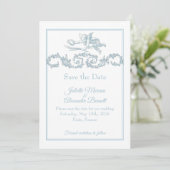 Powder Blue Toile de Jouy Cherub Save the Date Car (Stehend Vorderseite)