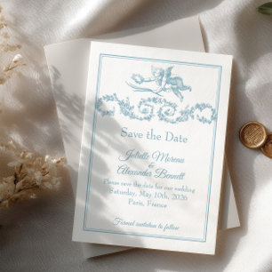 Powder Blue Toile de Jouy Cherub Save the Date Kar