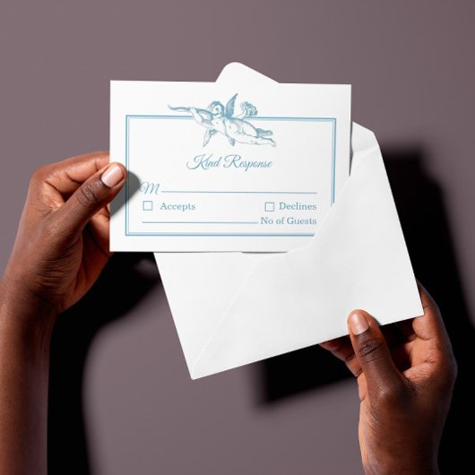 Powder Blue Toile de Jouy Cherub Wedding RSVP Card