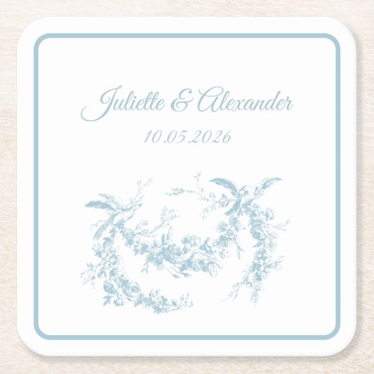 Powder Blue Toile de Jouy Wedding Paper Coasters Rechteckiger Pappuntersetzer (Vorderseite)