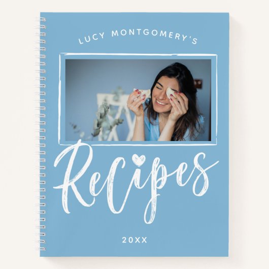 Powder Blue White Brush Script Rezepte Foto Notizblock (Vorderseite)
