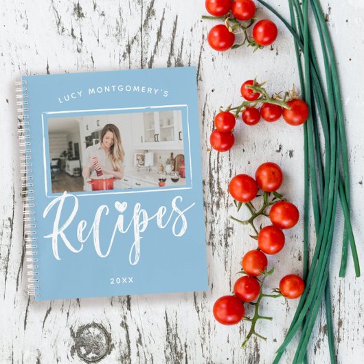 Powder Blue White Brush Script Rezepte Foto Notizblock