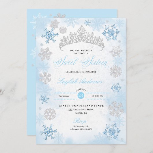 Powder Blue Winter Wonderland Snowflake Sweet 16 Einladung (Vorne/Hinten)