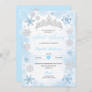 Powder Blue Winter Wonderland Snowflake Sweet 16 Einladung