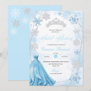 Powder Blue Winter Wonderland Snowflake Sweet 16 Einladung