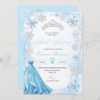 Powder Blue Winter Wonderland Snowflake Sweet 16 Einladung