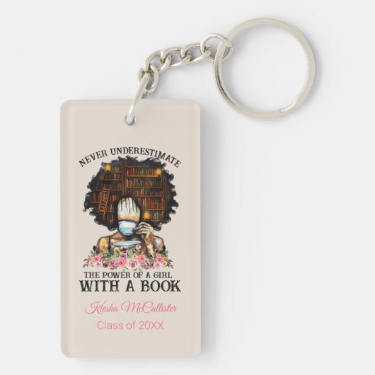 Power eines Mädchens mit einem Buch-Abschluss Schlüsselanhänger (Rückseite)