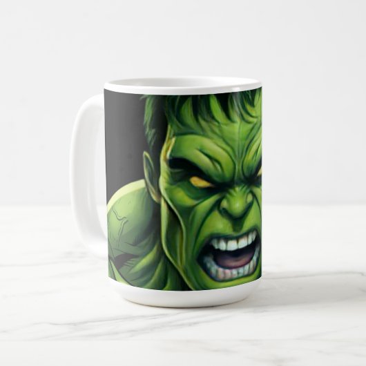 Power Monster Comic Mug – Green Muscular Creature Kaffeetasse (Vorderseite Links)