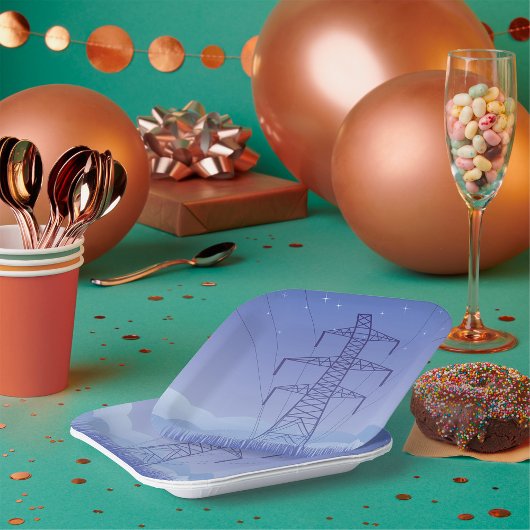 Power-Übertragungsturm am Night Sky Pappteller