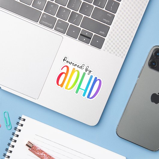 Powered by ADHD | Rainbow Typografie Aufkleber (Laptop mit iPhone)