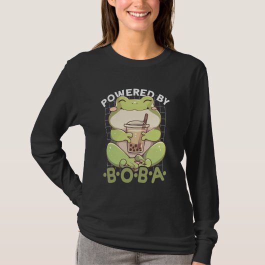 Powered by Boba Frog Kawaii Bubble Tea Anime Neko T-Shirt (Vorderseite)