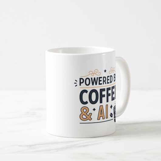 Powered by Coffee & AI Retro Tech Vector Kaffeetasse (VorderseiteRechts)