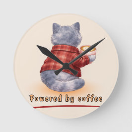 "Powered by Coffee" Cat Holding A Cup of Coffee Runde Wanduhr