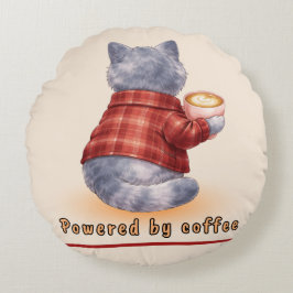 "Powered by Coffee" Cat Holding A Cup of Coffee Rundes Kissen