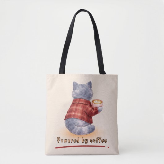 "Powered by Coffee" Cat Holding A Cup of Coffee Tasche (Vorderseite)