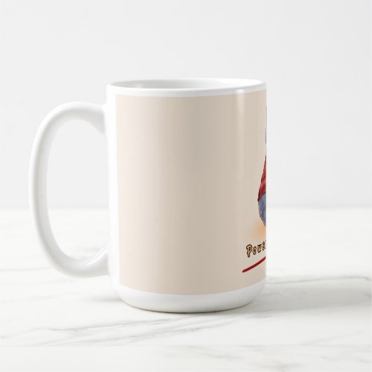 "Powered by Coffee" Katze hält eine Tasse Kaffee (Links)
