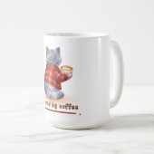 "Powered by Coffee" Katze hält eine Tasse Kaffee (VorderseiteRechts)