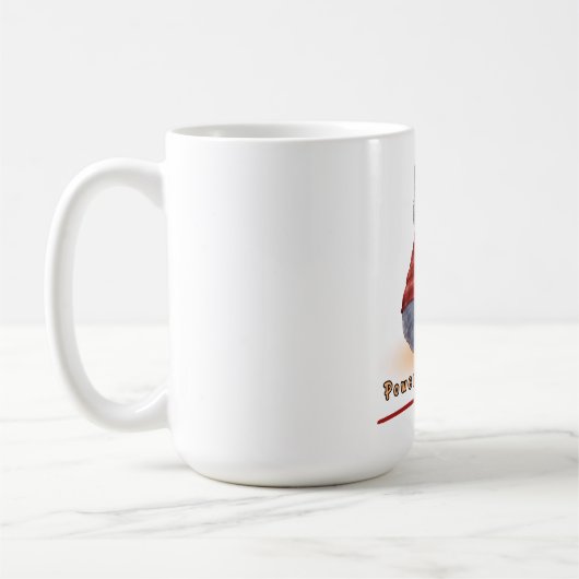 "Powered by Coffee" Katze hält eine Tasse Kaffee (Links)