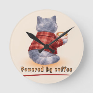 "Powered by Coffee" Katze hält eine Tasse Kaffee Runde Wanduhr