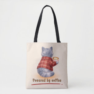 "Powered by Coffee" Katze hält eine Tasse Kaffee Tasche
