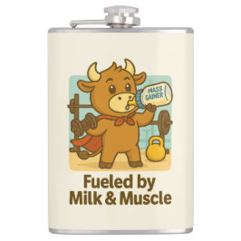 Powered by Milk & Muscle - Funny Bull Cartoon Flas Flachmann