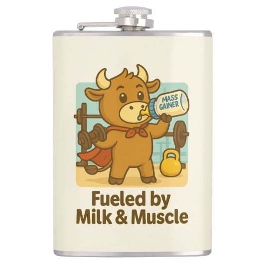 Powered by Milk & Muscle - Funny Bull Cartoon Flas Flachmann (Vorderseite)