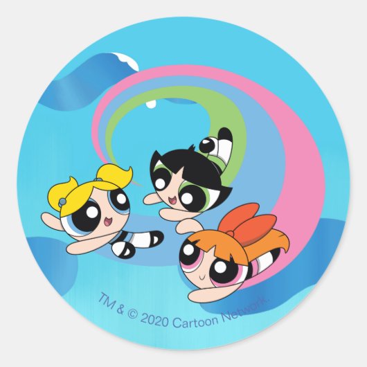 Powerpuff Girls fliegen durch den Himmel Runder Aufkleber (Vorderseite)