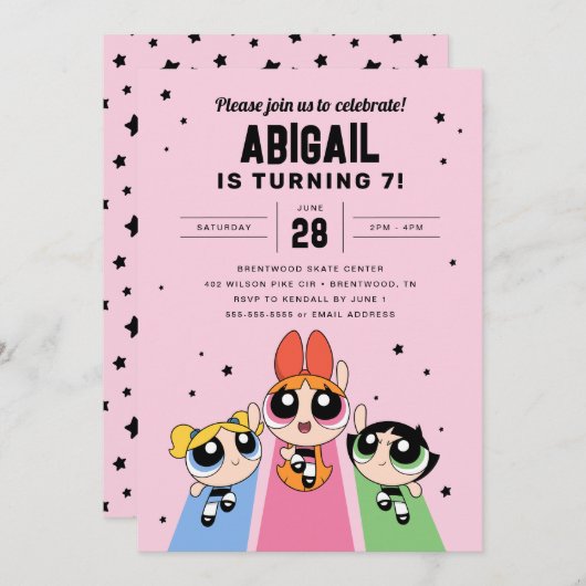 Powerpuff Girls Geburtstag - Rosa Einladung (Vorne/Hinten)