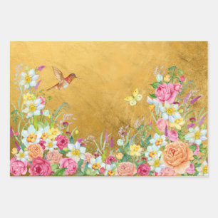Pracht Gold Blumen Kolibri Geschenkpapier Set