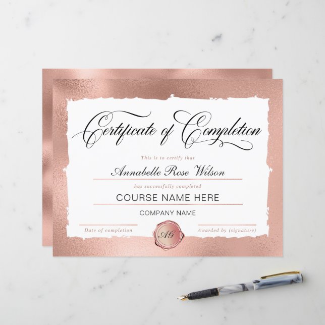 Prächtige Rose Gold Certificate of Completion Awar (Vorderseite/Rückseite Beispiel)