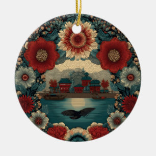 Prächtiger floraler Kranz umrahmt traditionelles A Keramik Ornament