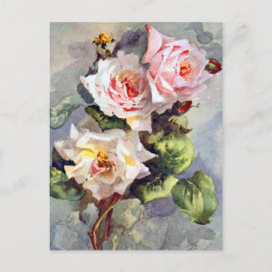 Prachtvolle elegante rosa Rosen Aquarellmalerei Postkarte