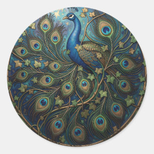Prachtvoller goldener Pfau Art Nouveau Efeu Runder Aufkleber