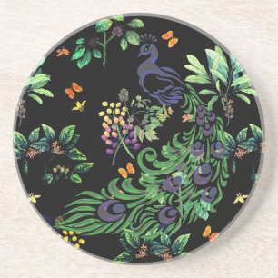 Prachtvoller Pfau und Vintage-Blumenmuster Getränkeuntersetzer