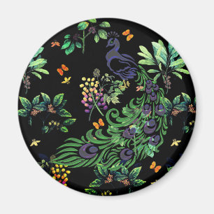 Prachtvoller Pfau und Vintage-Blumenmuster Magnet