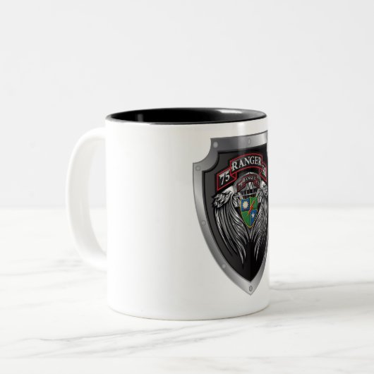 Prachtvoller STB Bat 75. Ranger Regimental Scroll Zweifarbige Tasse (Vorderseite Links)
