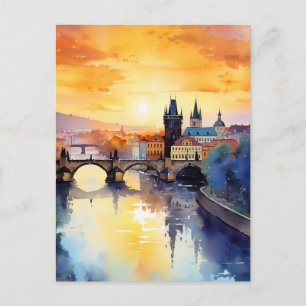 Prag Karlsbrücke Sonnenuntergang Aquarell Reise Postkarte