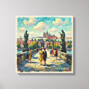 Prag Karlsbrücke Vintage Szene Gestrecktes Leinwan Leinwanddruck