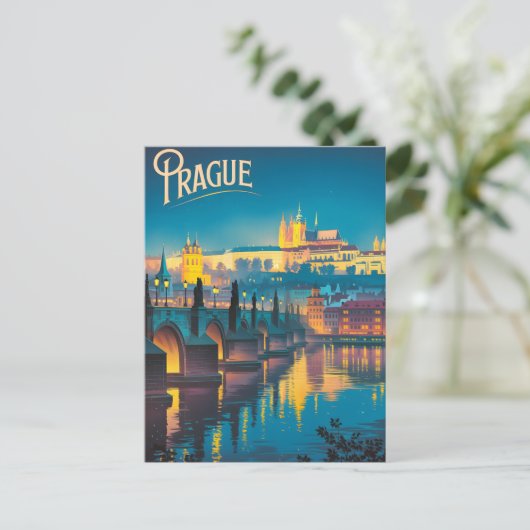 Prag nachts Vintag Postkarte (Stehend Vorderseite)