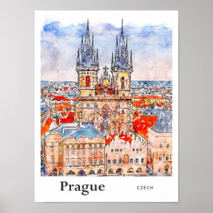 Prag Tschechisch Reise Wasserfarbe Handgezeichnet Poster