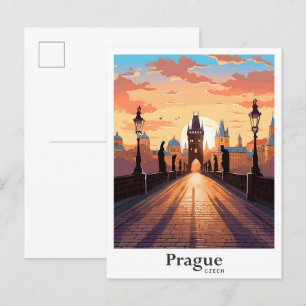 Prag Tschechische Kunst Vintage Reiseillustration Postkarte