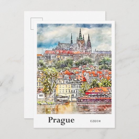 Prag Tschechische Reiseroute Wasserfarbskizze Hand Postkarte (Vorne/Hinten)