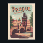 Prag Tschechische Republik Reisen Kunst Vintag Postkarte<br><div class="desc">Prager Retrovektor-Reisedesign. Prag,  die Stadt der Hauptstadt der Tschechischen Republik,  wird von der Moldau geteilt. Es heißt "die Stadt der hundert Brüder",  es ist bekannt für seinen Altstädter Ring.</div>