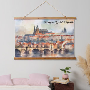 Prag Tschechische Republik Wasserfarben Panoramaan Wandteppich Mit Holzrahmen