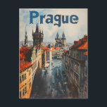 Prag Vintag Postkarte<br><div class="desc">Ein faszinierendes Vintages Design mit Prag, der historischen Hauptstadt der Tschechischen Republik, mit dem Zusatz eines klassischen Rennwagens. Das Kunstwerk vereint die ikonische gotische und barocke Architektur der Stadt wie die Prager Burg und die Karlsbrücke mit den eleganten Linien und der Nostalgie eines Retro-Rennwagens. Diese Kombination verleiht dem Besucher ein...</div>