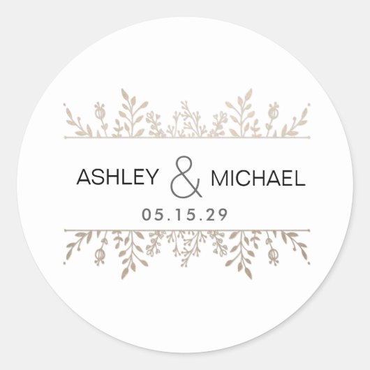 Prägante Rose Goldleafy-Rahmen-Hochzeitsticker Runder Aufkleber (Vorderseite)