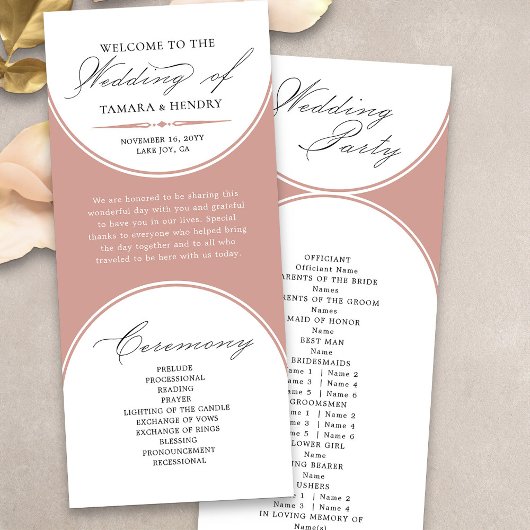 Prägantes Script-Rose-Gold-Arch-Hochzeitsprogramm