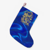 Prägeartiger Golddrache auf blauem Satin Kleiner Weihnachtsstrumpf (Vorderansicht (hängend))